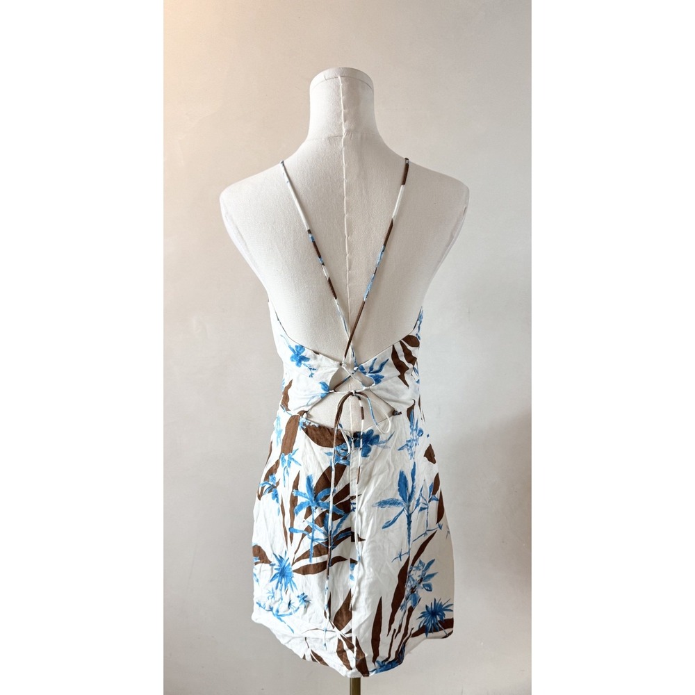 Zara Women's Halter Tropical White Blue Brown Linen Blend Mini Dress Resort Sz S - Picture 3 of 4